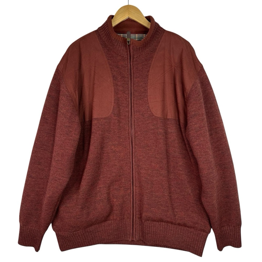 Orvis 100% Wool Full Zip Jacket Lined Suede Shoulder Patches Rust Outdoor